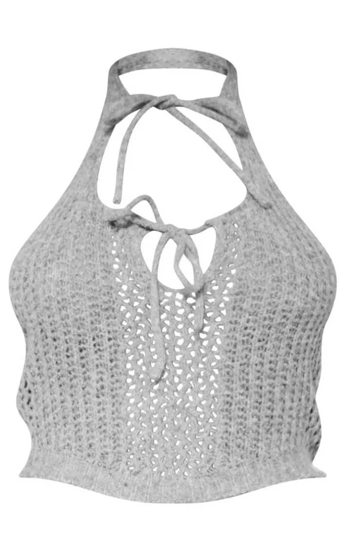 Petite Grey Knitted Halterneck Cut Out Top With Tie Details