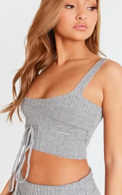 Petite Grey Knitted Strappy Tie Front Crop Top