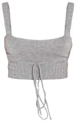 Petite Grey Knitted Strappy Tie Front Crop Top