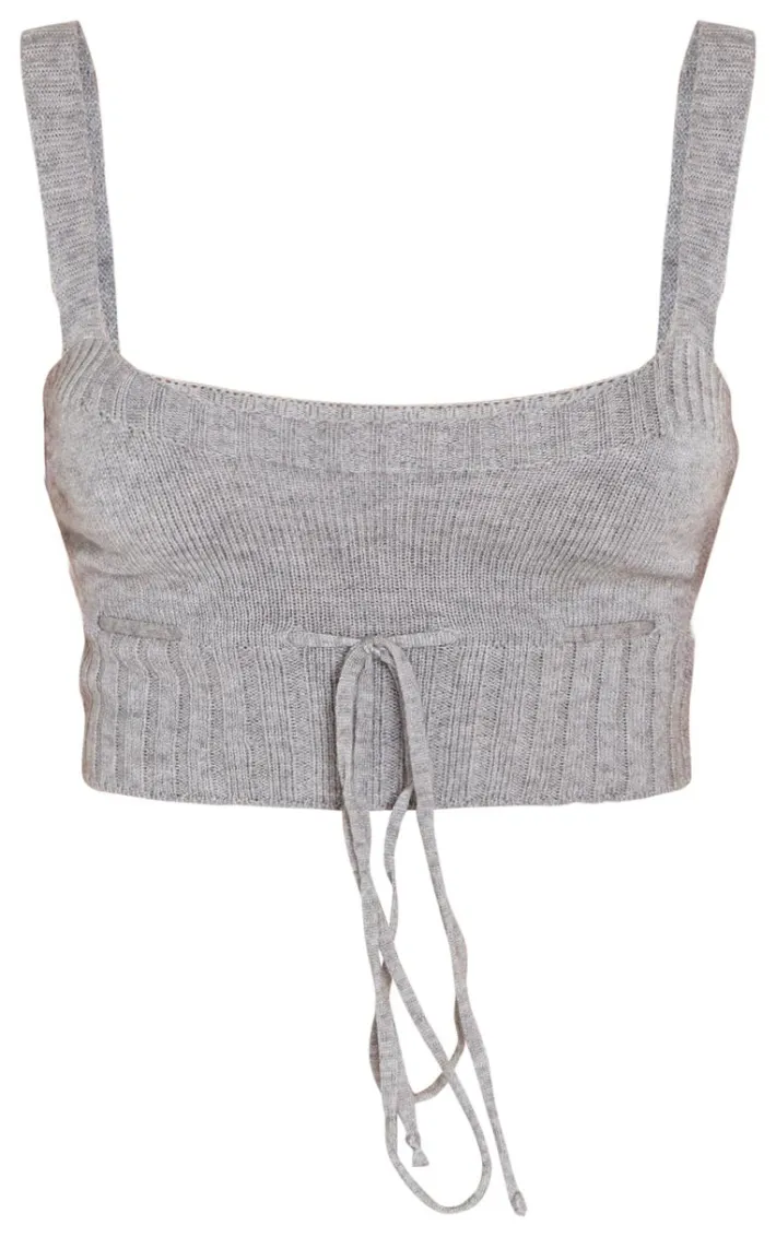 Petite Grey Knitted Strappy Tie Front Crop Top