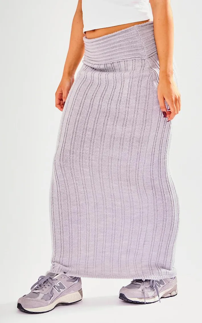Petite Grey Low Waist Knitted Maxi Skirt