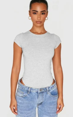 Petite Grey Marl Basic Cotton Blend Fitted Short Sleeve Bodysuit