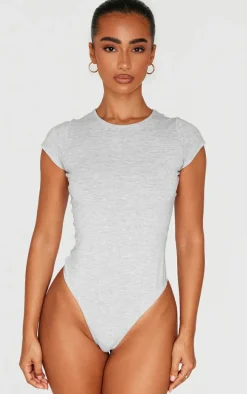 Petite Grey Marl Basic Cotton Blend Fitted Short Sleeve Bodysuit