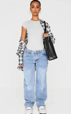 Petite Grey Marl Basic Cotton Blend Fitted Short Sleeve Bodysuit