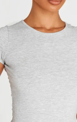 Petite Grey Marl Basic Cotton Blend Fitted Short Sleeve Bodysuit