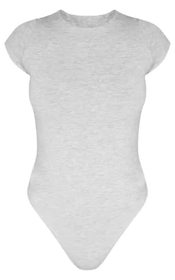 Petite Grey Marl Basic Cotton Blend Fitted Short Sleeve Bodysuit