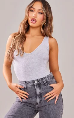 Petite Grey Marl Basic Cotton Blend Plunge Sleeveless Bodysuit