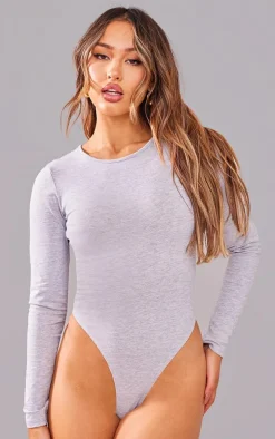 Petite Grey Marl Basic Cotton Blend Crew Neck Bodysuit