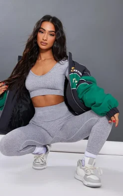 Petite Grey Marl Bubble Ribbed Contour Long Sleeve Crop Top