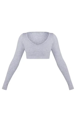 Petite Grey Marl Bubble Ribbed Contour Long Sleeve Crop Top