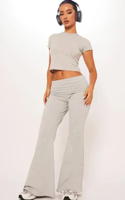 Petite Grey Marl Cotton Fold Detail Flared Pants