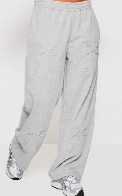 Petite Grey Marl Embossed Bow Detail Wide Leg Sweatpants