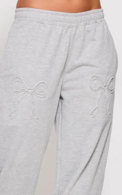 Petite Grey Marl Embossed Bow Detail Wide Leg Sweatpants