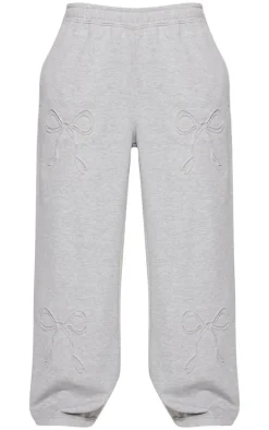 Petite Grey Marl Embossed Bow Detail Wide Leg Sweatpants