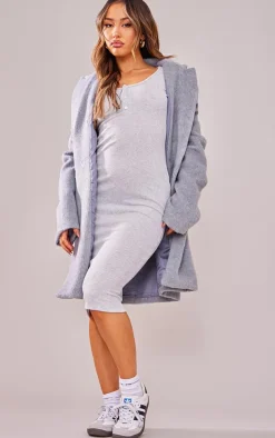 Petite Grey Marl Long Sleeve Brushed Rib Button Detail Midi Dress