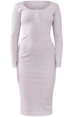 Petite Grey Marl Long Sleeve Brushed Rib Button Detail Midi Dress