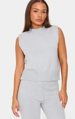Petite Grey Marl Soft Knit High Neck Sleeveless Top