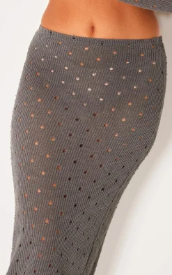 Petite Grey Open Knit Low Waist Midaxi Skirt