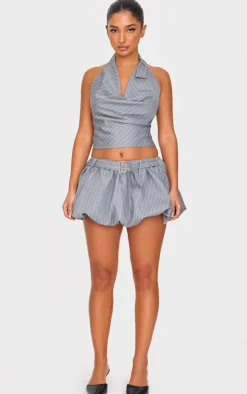 Petite Grey Pinstripe Buckle Detail Puffball Mini Skirt