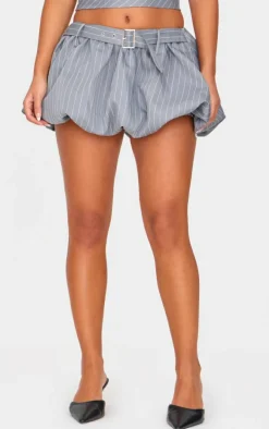 Petite Grey Pinstripe Buckle Detail Puffball Mini Skirt