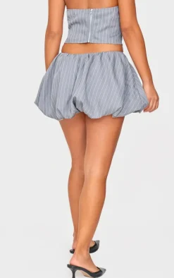Petite Grey Pinstripe Buckle Detail Puffball Mini Skirt