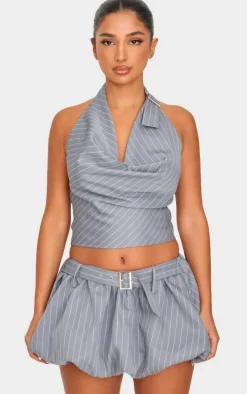 Petite Grey Pinstripe Buckle Detail Puffball Mini Skirt