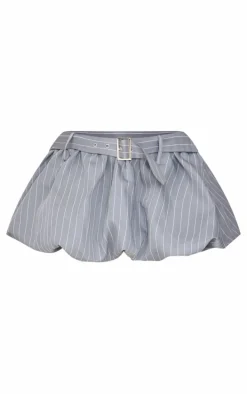 Petite Grey Pinstripe Buckle Detail Puffball Mini Skirt