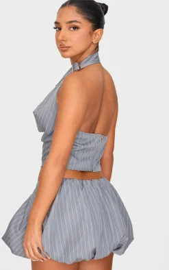 Petite Grey Pinstripe Buckle Detail Cowl Neck Top