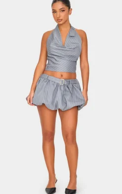 Petite Grey Pinstripe Buckle Detail Cowl Neck Top