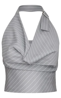 Petite Grey Pinstripe Buckle Detail Cowl Neck Top