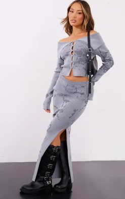 Petite Grey Printed Knitted Midaxi Skirt