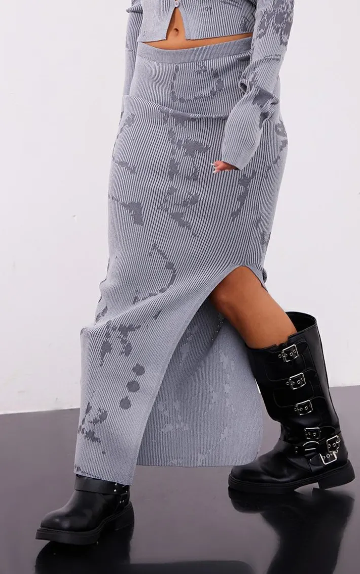Petite Grey Printed Knitted Midaxi Skirt