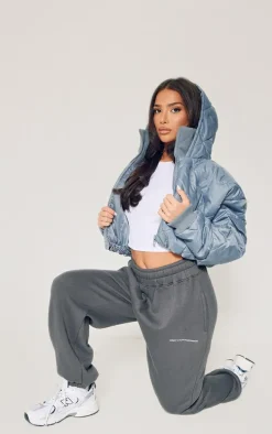 Petite Grey Quilted Rib Insert Cropped Puffer Jacket
