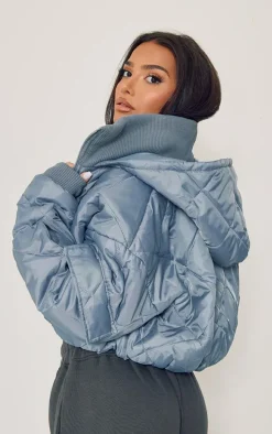 Petite Grey Quilted Rib Insert Cropped Puffer Jacket