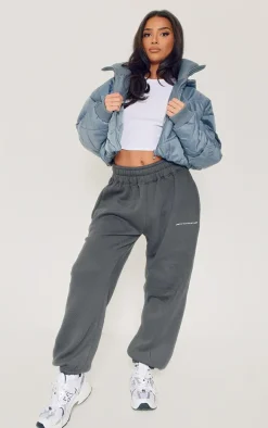 Petite Grey Quilted Rib Insert Cropped Puffer Jacket