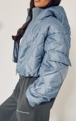 Petite Grey Quilted Rib Insert Cropped Puffer Jacket