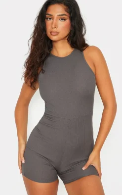 Petite Grey Racer Neck Ribbed Unitard