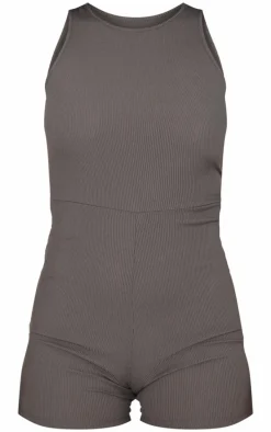 Petite Grey Racer Neck Ribbed Unitard