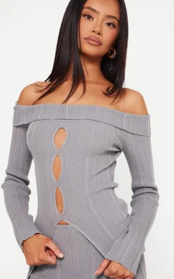 Petite Grey Rib Knit Bardot Long Sleeve Top