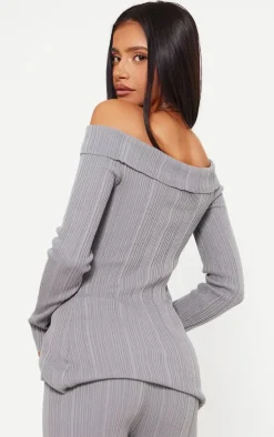 Petite Grey Rib Knit Bardot Long Sleeve Top