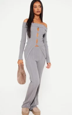 Petite Grey Rib Knit Bardot Long Sleeve Top