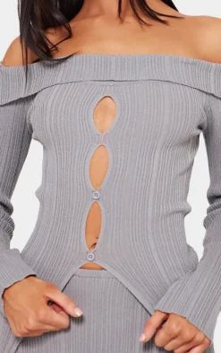 Petite Grey Rib Knit Bardot Long Sleeve Top