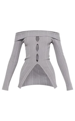 Petite Grey Rib Knit Bardot Long Sleeve Top