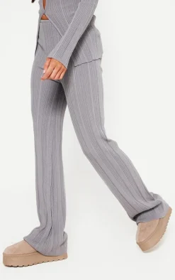 Petite Grey Rib Knit Flared Pants