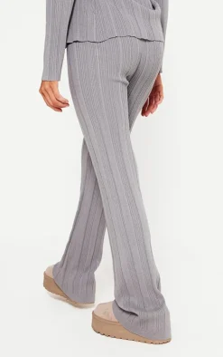 Petite Grey Rib Knit Flared Pants