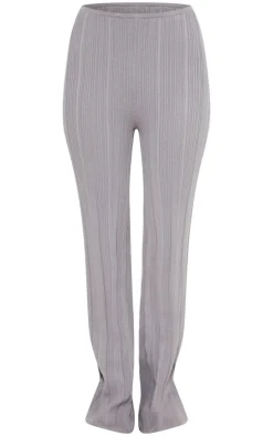 Petite Grey Rib Knit Flared Pants