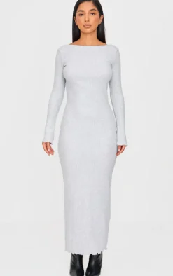 Petite Grey Ribbed Boat Neck Low Back Maxi Dress