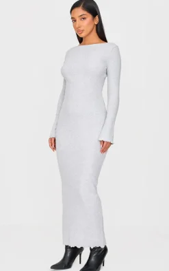 Petite Grey Ribbed Boat Neck Low Back Maxi Dress