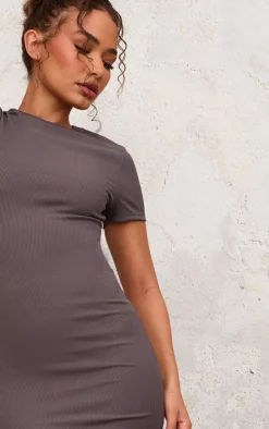 Petite Grey Ribbed Short Sleeve Crew Neck Midi Dress