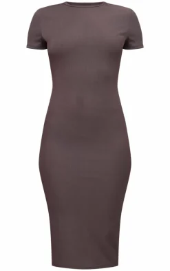 Petite Grey Ribbed Short Sleeve Crew Neck Midi Dress